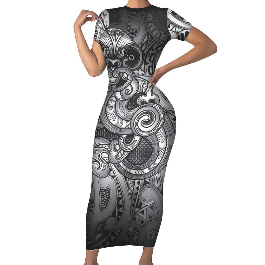 Aotearoa Maori Hei Tiki Short Sleeve Bodycon Dress Kiwikiwi Kowhaiwhai Puhoro Motif