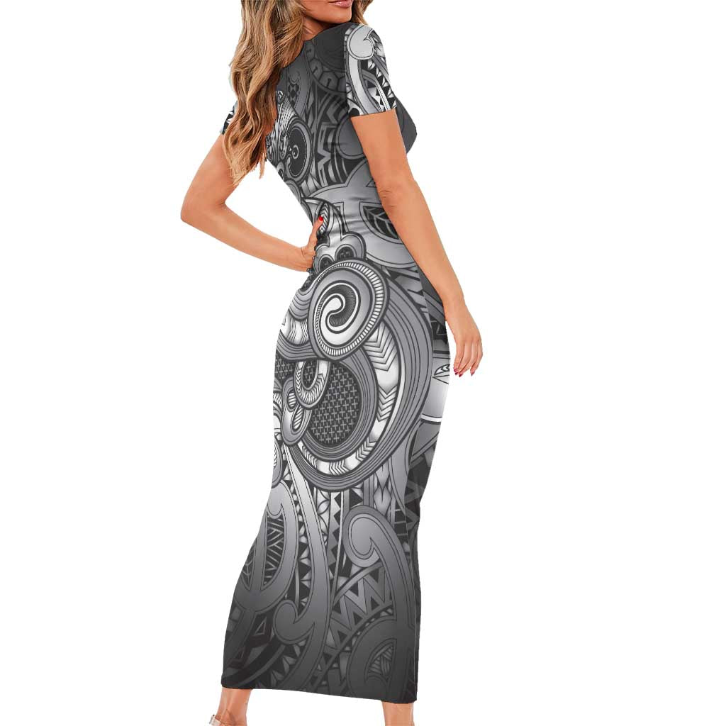 Aotearoa Maori Hei Tiki Short Sleeve Bodycon Dress Kiwikiwi Kowhaiwhai Puhoro Motif