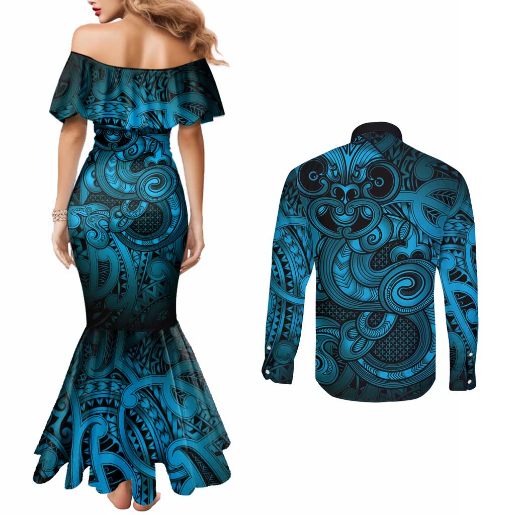 Aotearoa Maori Hei Tiki Couples Matching Mermaid Dress and Long Sleeve Button Shirt Kikorangi Kowhaiwhai Puhoro Motif