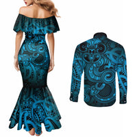 Aotearoa Maori Hei Tiki Couples Matching Mermaid Dress and Long Sleeve Button Shirt Kikorangi Kowhaiwhai Puhoro Motif