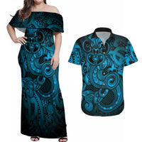 Aotearoa Maori Hei Tiki Couples Matching Off Shoulder Maxi Dress and Hawaiian Shirt Kikorangi Kowhaiwhai Puhoro Motif