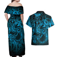 Aotearoa Maori Hei Tiki Couples Matching Off Shoulder Maxi Dress and Hawaiian Shirt Kikorangi Kowhaiwhai Puhoro Motif