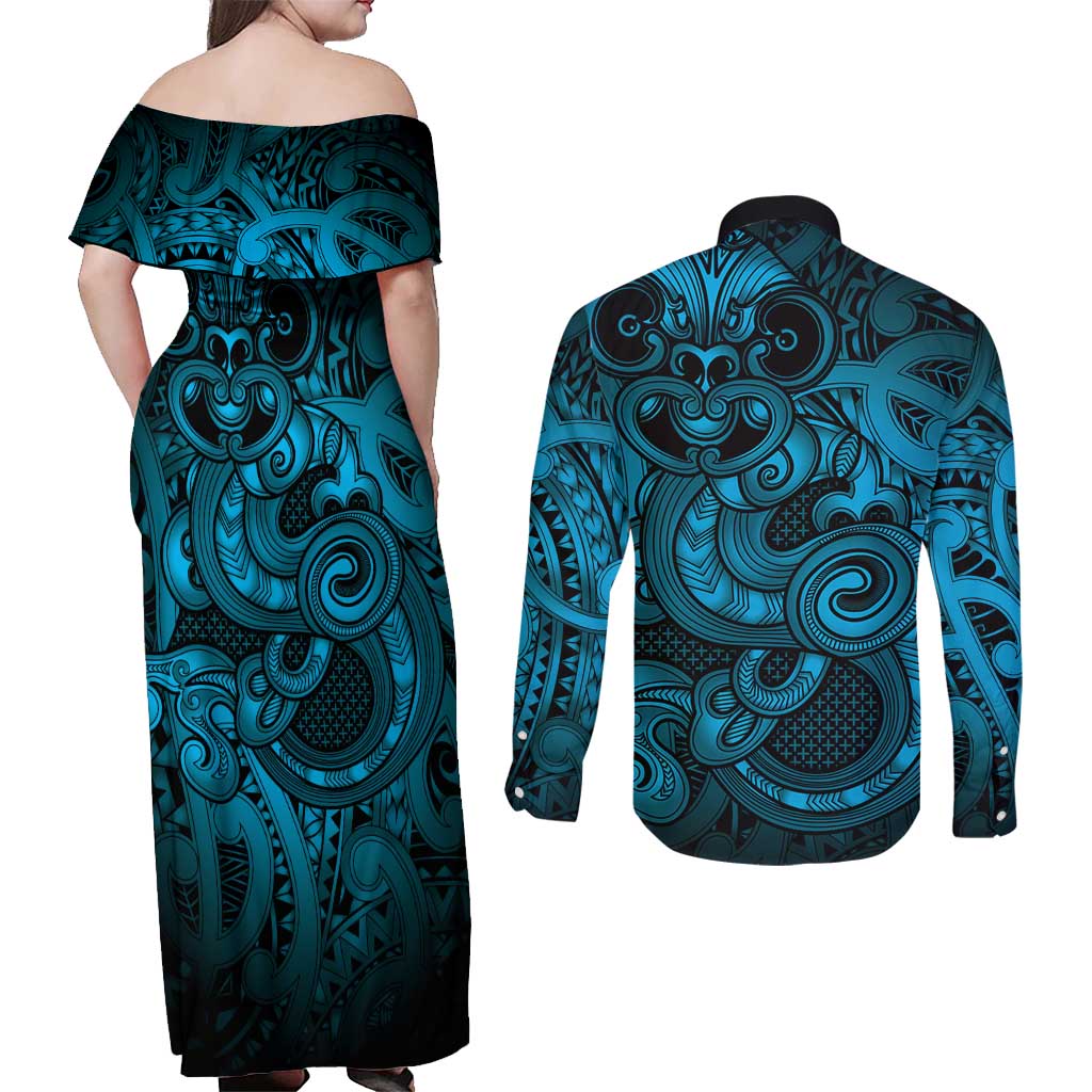 Aotearoa Maori Hei Tiki Couples Matching Off Shoulder Maxi Dress and Long Sleeve Button Shirt Kikorangi Kowhaiwhai Puhoro Motif