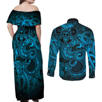 Aotearoa Maori Hei Tiki Couples Matching Off Shoulder Maxi Dress and Long Sleeve Button Shirt Kikorangi Kowhaiwhai Puhoro Motif