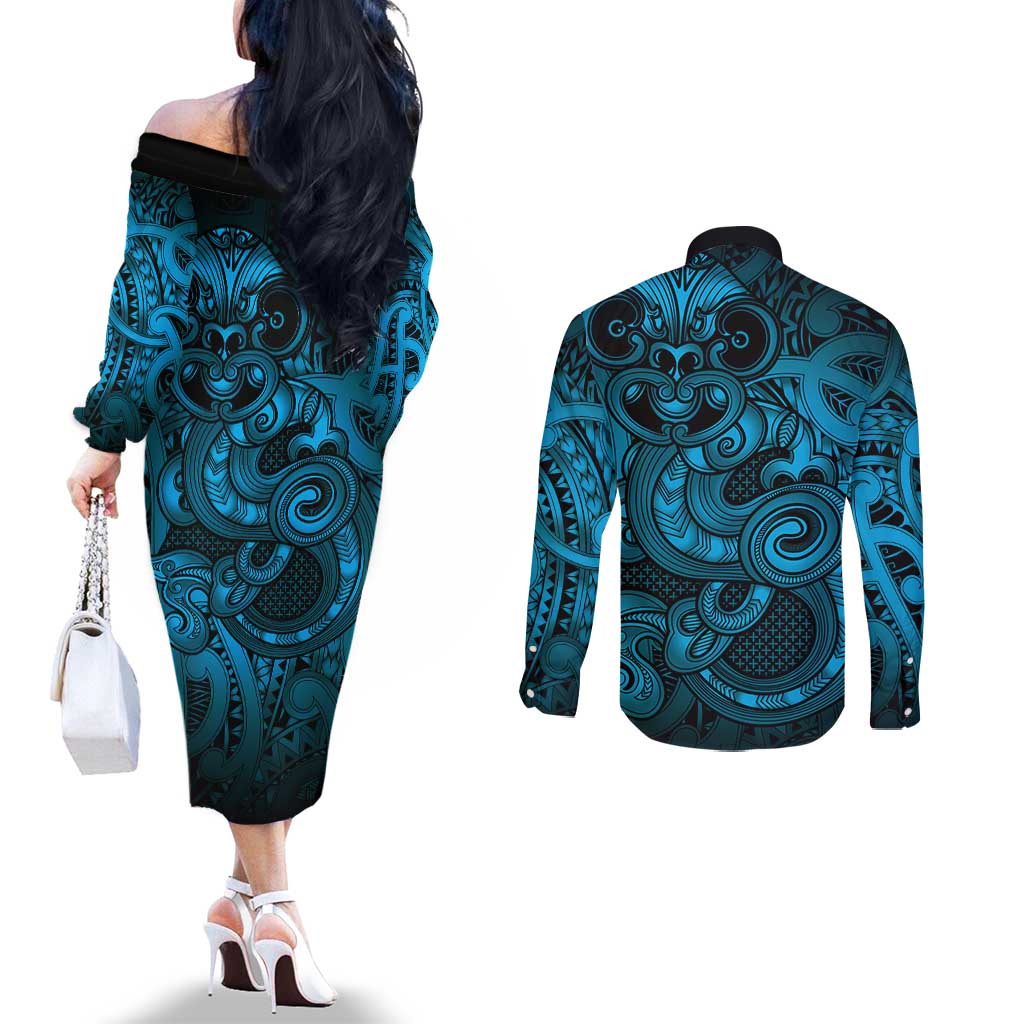 Aotearoa Maori Hei Tiki Couples Matching Off The Shoulder Long Sleeve Dress and Long Sleeve Button Shirt Kikorangi Kowhaiwhai Puhoro Motif