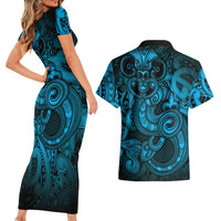 Aotearoa Maori Hei Tiki Couples Matching Short Sleeve Bodycon Dress and Hawaiian Shirt Kikorangi Kowhaiwhai Puhoro Motif