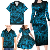 Aotearoa Maori Hei Tiki Family Matching Long Sleeve Bodycon Dress and Hawaiian Shirt Kikorangi Kowhaiwhai Puhoro Motif