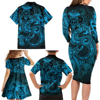 Aotearoa Maori Hei Tiki Family Matching Long Sleeve Bodycon Dress and Hawaiian Shirt Kikorangi Kowhaiwhai Puhoro Motif