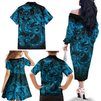 Aotearoa Maori Hei Tiki Family Matching Off The Shoulder Long Sleeve Dress and Hawaiian Shirt Kikorangi Kowhaiwhai Puhoro Motif