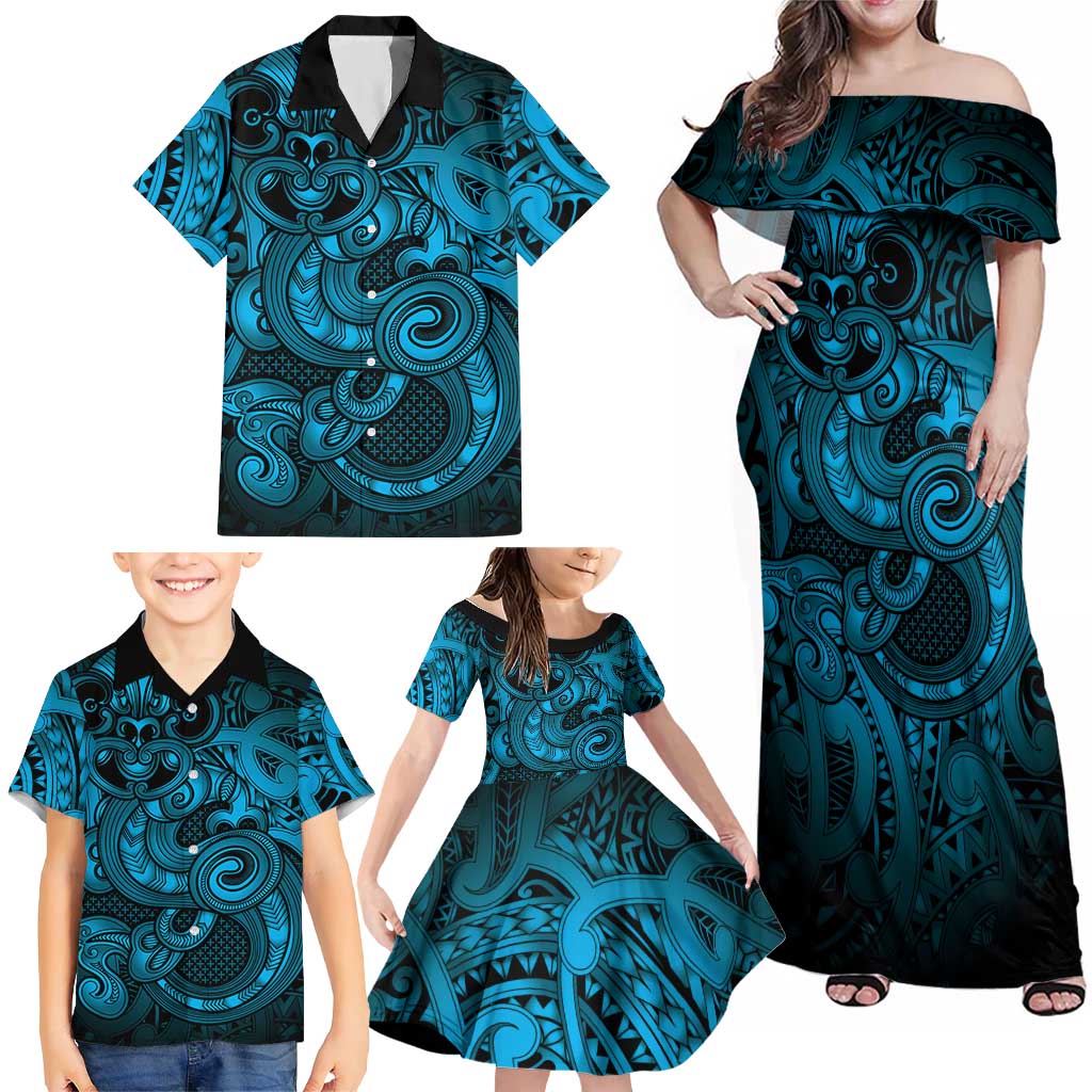 Aotearoa Maori Hei Tiki Family Matching Off Shoulder Maxi Dress and Hawaiian Shirt Kikorangi Kowhaiwhai Puhoro Motif LT9 - Polynesian Pride
