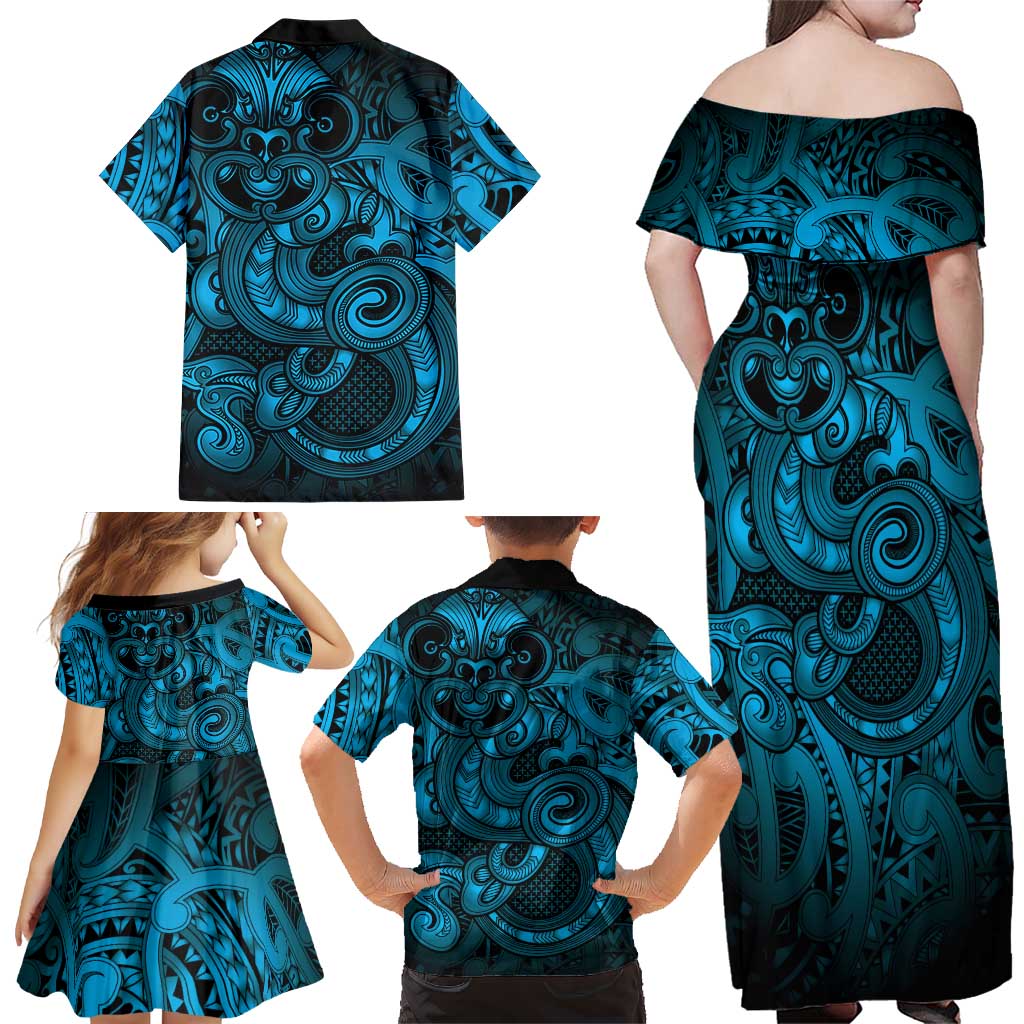 Aotearoa Maori Hei Tiki Family Matching Off Shoulder Maxi Dress and Hawaiian Shirt Kikorangi Kowhaiwhai Puhoro Motif LT9 - Polynesian Pride