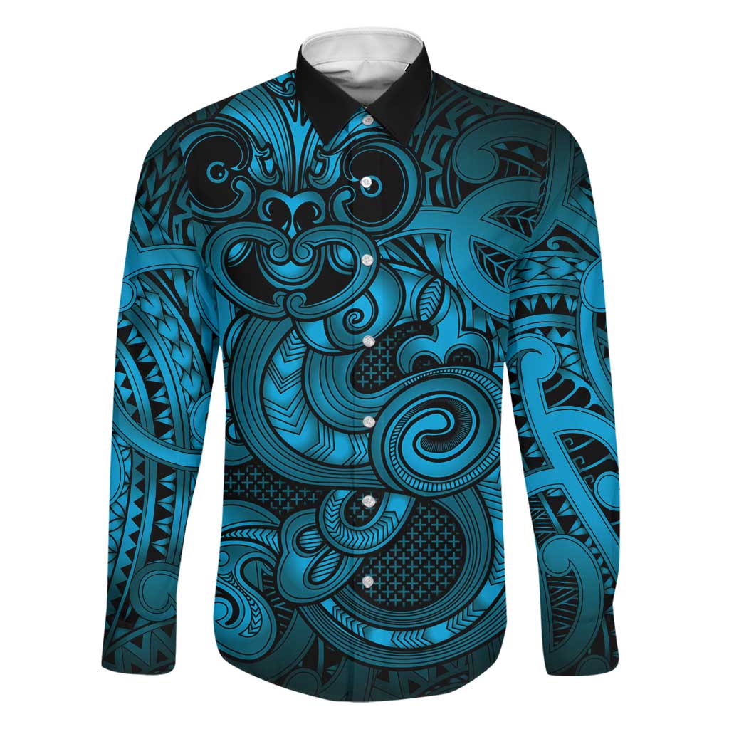 Aotearoa Maori Hei Tiki Family Matching Off Shoulder Maxi Dress and Hawaiian Shirt Kikorangi Kowhaiwhai Puhoro Motif LT9 Dad's Shirt - Long Sleeve Blue - Polynesian Pride