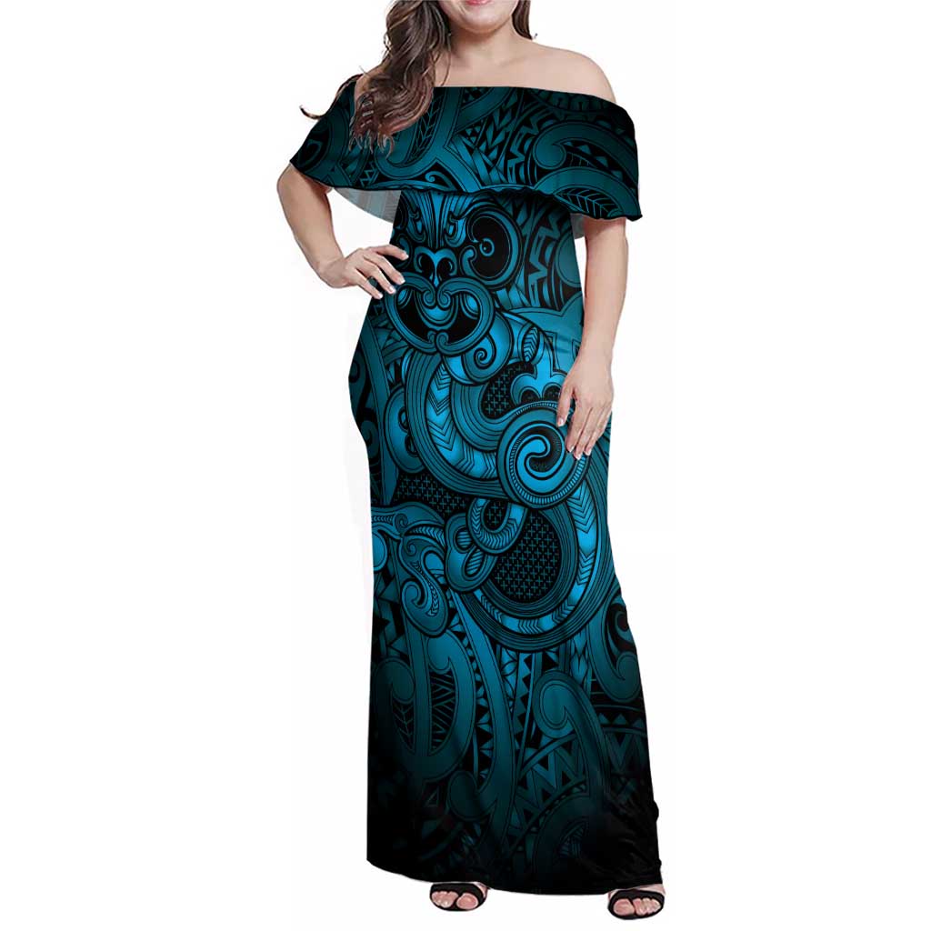 Aotearoa Maori Hei Tiki Family Matching Off Shoulder Maxi Dress and Hawaiian Shirt Kikorangi Kowhaiwhai Puhoro Motif LT9 Mom's Dress Blue - Polynesian Pride