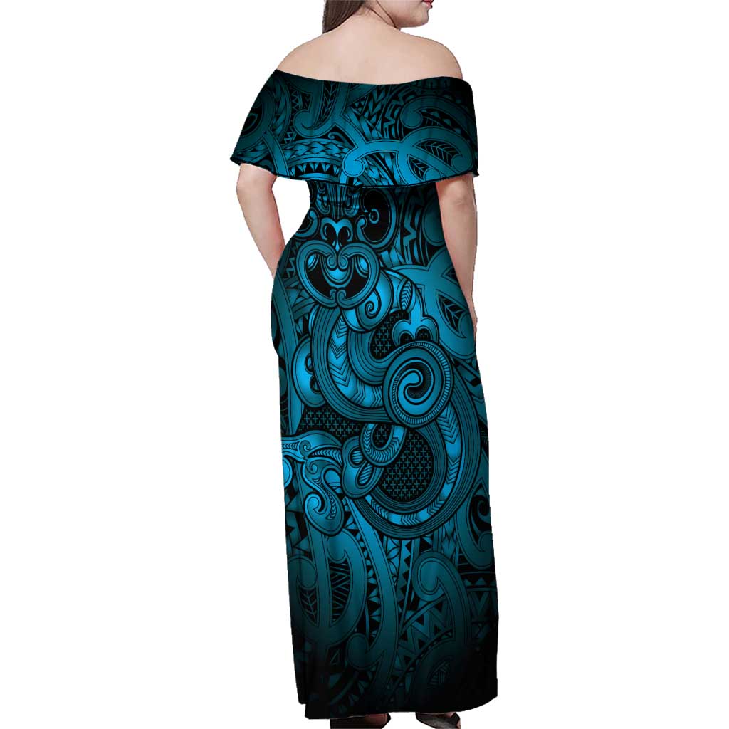 Aotearoa Maori Hei Tiki Family Matching Off Shoulder Maxi Dress and Hawaiian Shirt Kikorangi Kowhaiwhai Puhoro Motif LT9 - Polynesian Pride