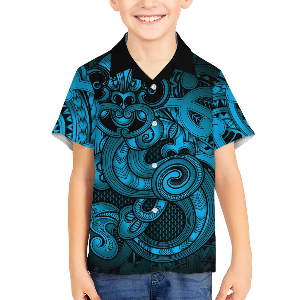 Aotearoa Maori Hei Tiki Family Matching Off Shoulder Maxi Dress and Hawaiian Shirt Kikorangi Kowhaiwhai Puhoro Motif LT9 Son's Shirt Blue - Polynesian Pride