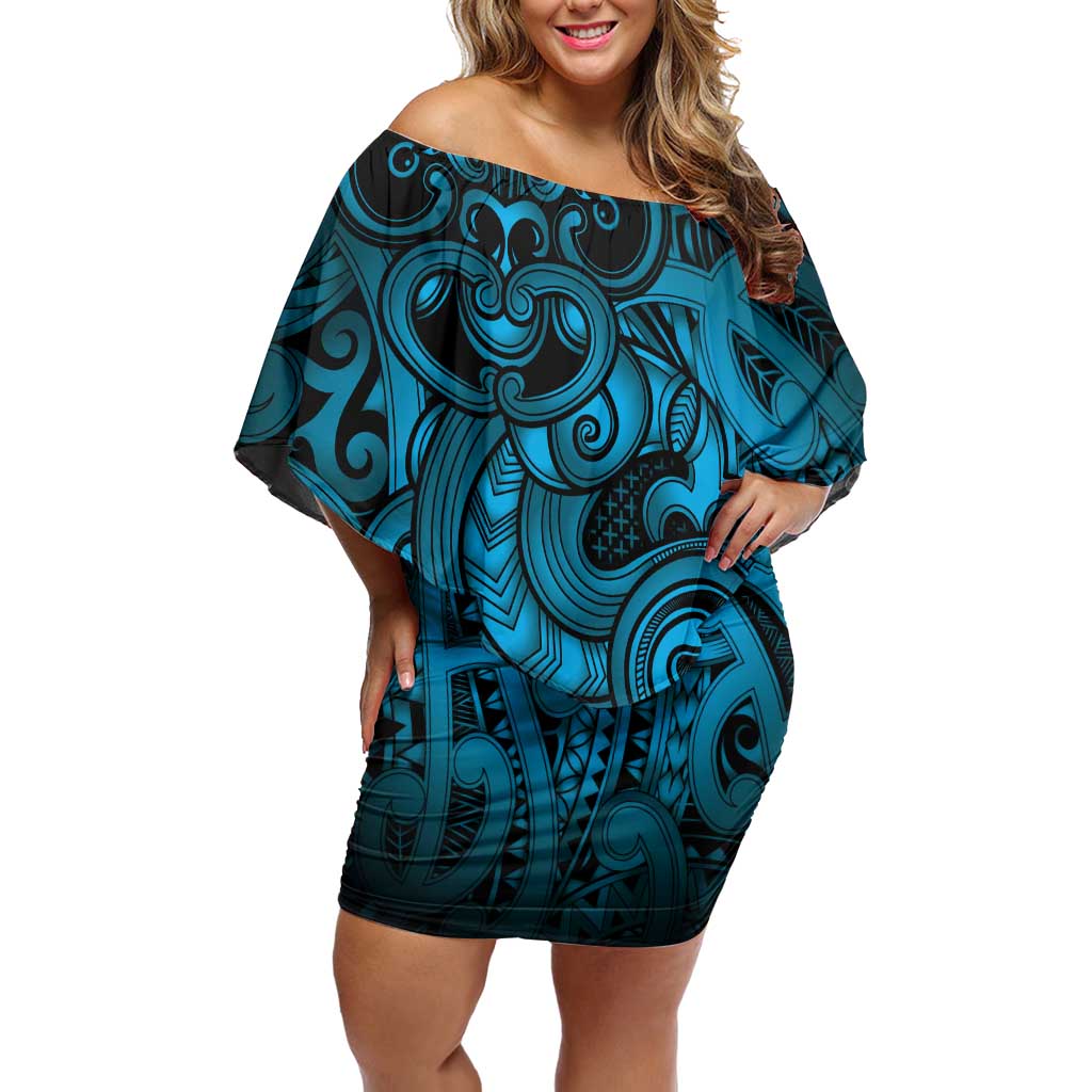 Aotearoa Maori Hei Tiki Family Matching Off Shoulder Short Dress and Hawaiian Shirt Kikorangi Kowhaiwhai Puhoro Motif