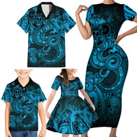 Aotearoa Maori Hei Tiki Family Matching Short Sleeve Bodycon Dress and Hawaiian Shirt Kikorangi Kowhaiwhai Puhoro Motif