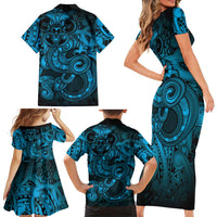 Aotearoa Maori Hei Tiki Family Matching Short Sleeve Bodycon Dress and Hawaiian Shirt Kikorangi Kowhaiwhai Puhoro Motif