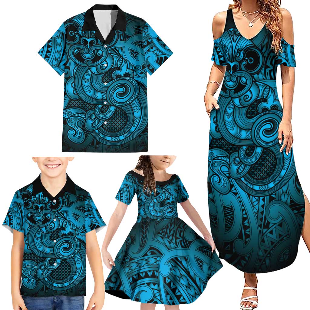 Aotearoa Maori Hei Tiki Family Matching Summer Maxi Dress and Hawaiian Shirt Kikorangi Kowhaiwhai Puhoro Motif