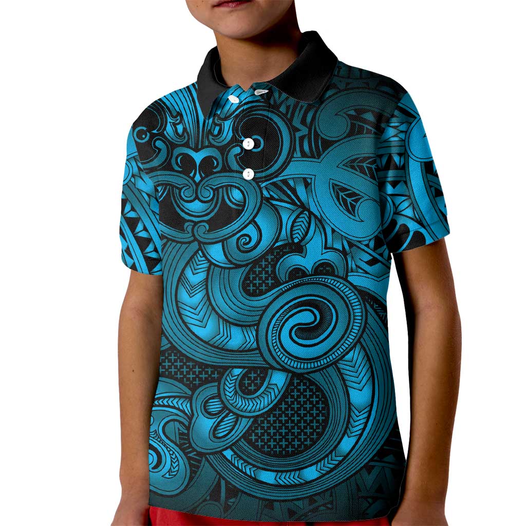 Aotearoa Maori Hei Tiki Kid Polo Shirt Kikorangi Kowhaiwhai Puhoro Motif LT9 Kid Blue - Polynesian Pride