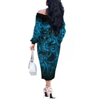 Aotearoa Maori Hei Tiki Off The Shoulder Long Sleeve Dress Kikorangi Kowhaiwhai Puhoro Motif LT9 - Polynesian Pride
