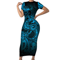 Aotearoa Maori Hei Tiki Short Sleeve Bodycon Dress Kikorangi Kowhaiwhai Puhoro Motif