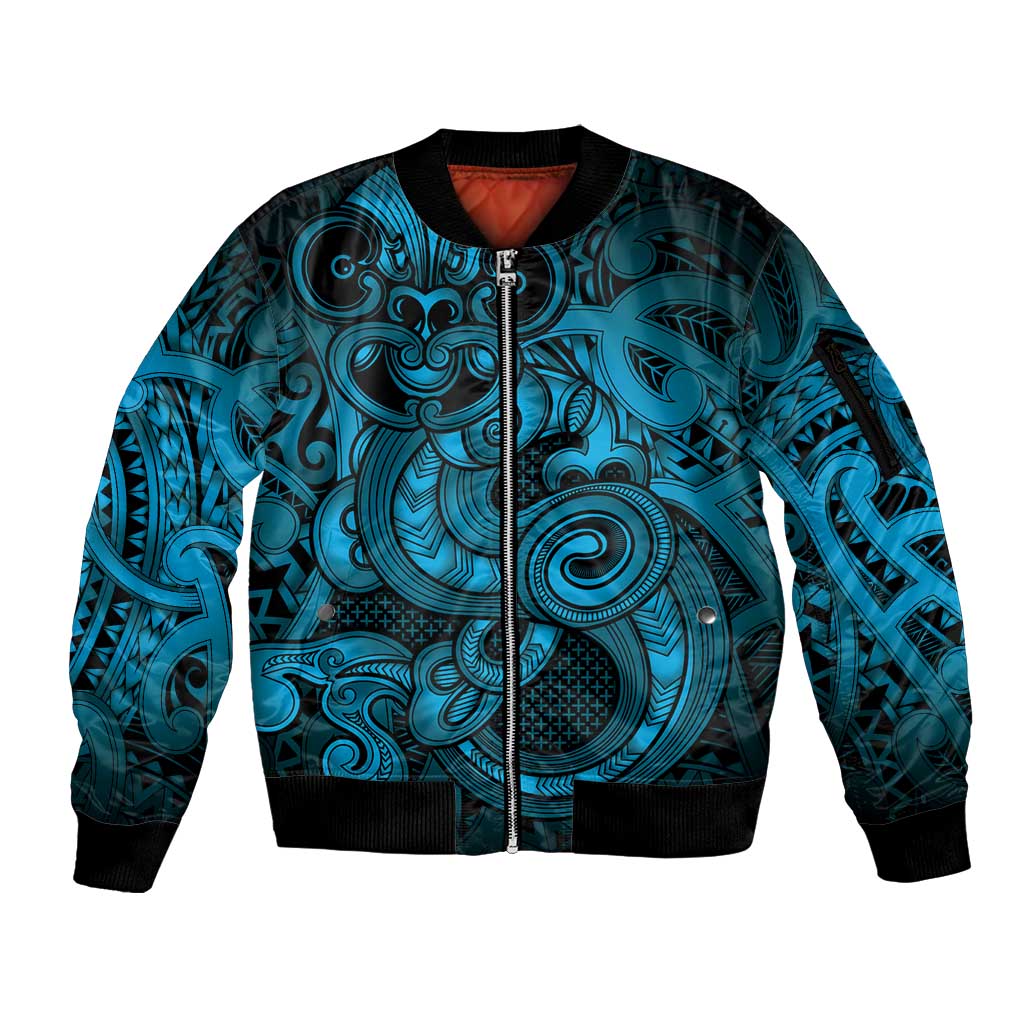 Aotearoa Maori Hei Tiki Sleeve Zip Bomber Jacket Kikorangi Kowhaiwhai Puhoro Motif