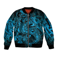 Aotearoa Maori Hei Tiki Sleeve Zip Bomber Jacket Kikorangi Kowhaiwhai Puhoro Motif