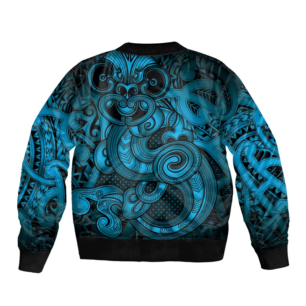 Aotearoa Maori Hei Tiki Sleeve Zip Bomber Jacket Kikorangi Kowhaiwhai Puhoro Motif