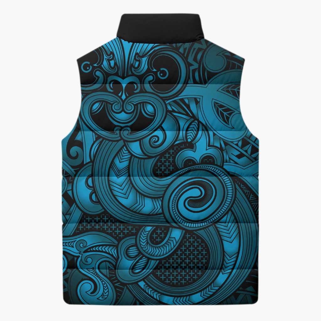 Aotearoa Maori Hei Tiki Sleeveless Puffer Jacket Kikorangi Kowhaiwhai Puhoro Motif