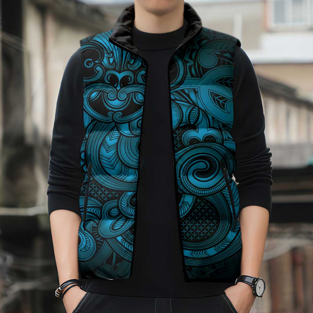 Aotearoa Maori Hei Tiki Sleeveless Puffer Jacket Kikorangi Kowhaiwhai Puhoro Motif