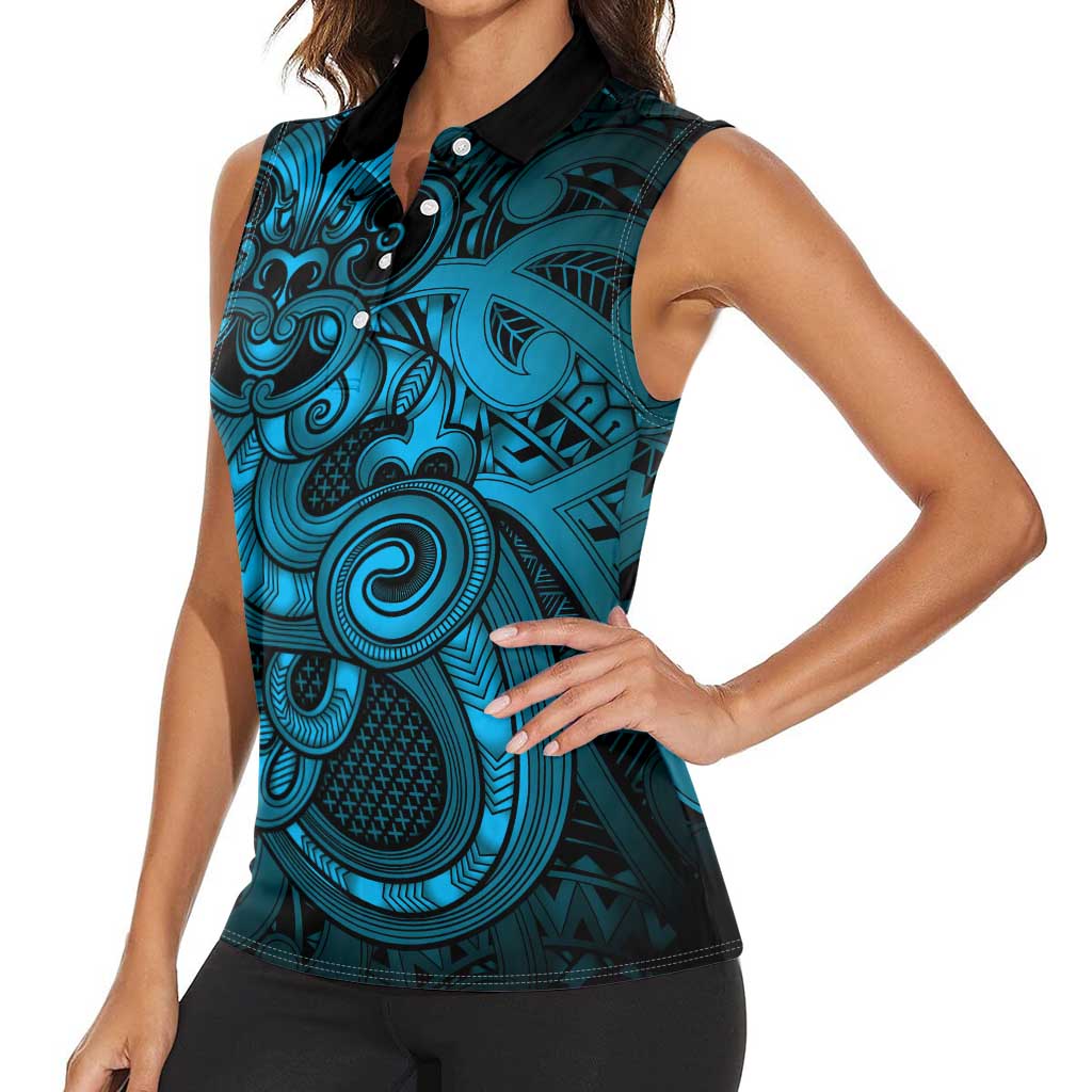 Aotearoa Maori Hei Tiki Women Sleeveless Polo Shirt Kikorangi Kowhaiwhai Puhoro Motif