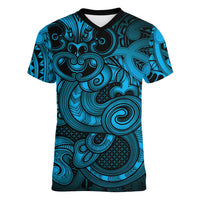 Aotearoa Maori Hei Tiki Women V-Neck T-Shirt Kikorangi Kowhaiwhai Puhoro Motif