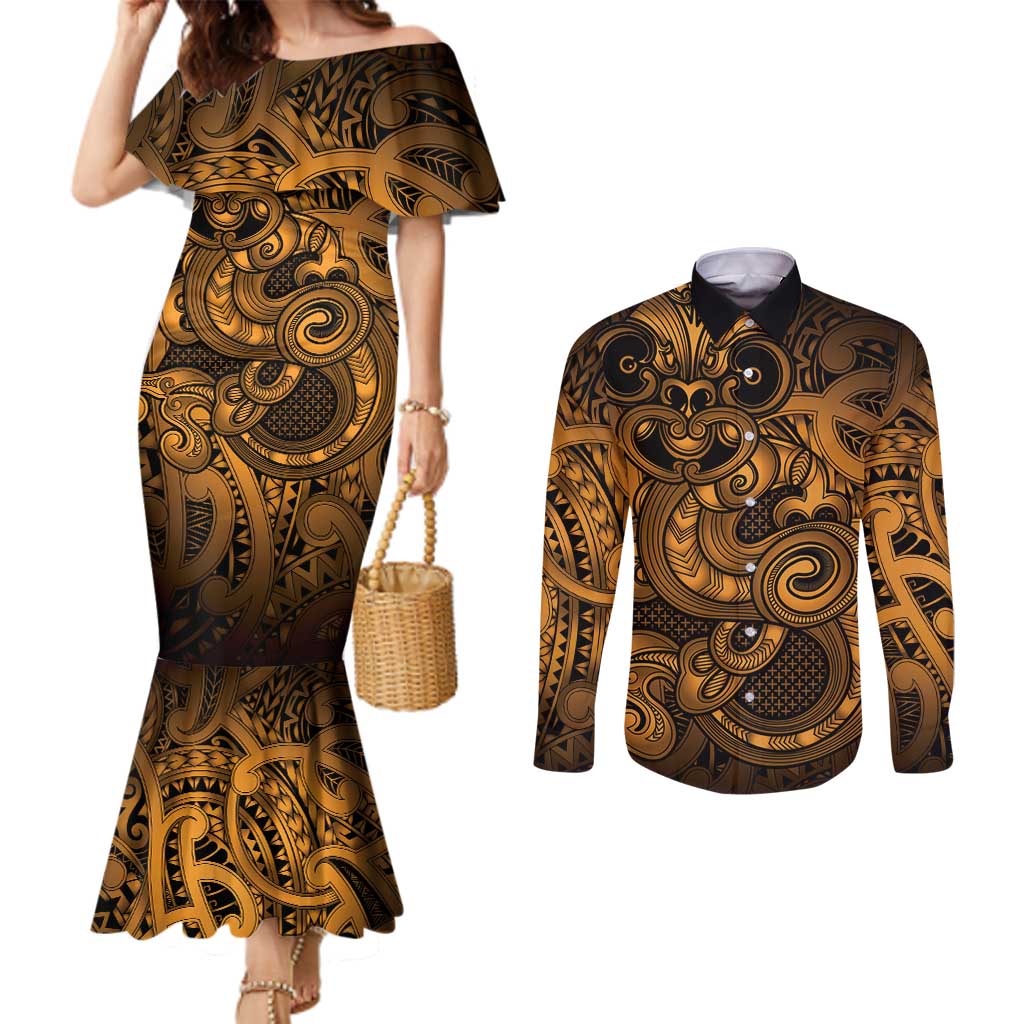 Aotearoa Maori Hei Tiki Couples Matching Mermaid Dress and Long Sleeve Button Shirt Koura Kowhaiwhai Puhoro Motif