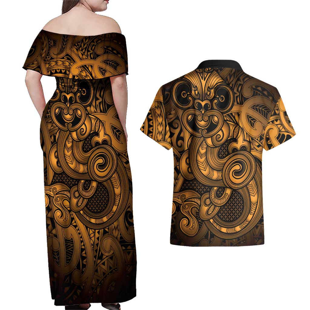 Aotearoa Maori Hei Tiki Couples Matching Off Shoulder Maxi Dress and Hawaiian Shirt Koura Kowhaiwhai Puhoro Motif