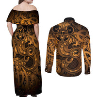 Aotearoa Maori Hei Tiki Couples Matching Off Shoulder Maxi Dress and Long Sleeve Button Shirt Koura Kowhaiwhai Puhoro Motif