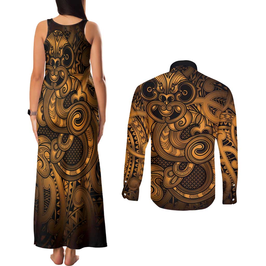 Aotearoa Maori Hei Tiki Couples Matching Tank Maxi Dress and Long Sleeve Button Shirt Koura Kowhaiwhai Puhoro Motif