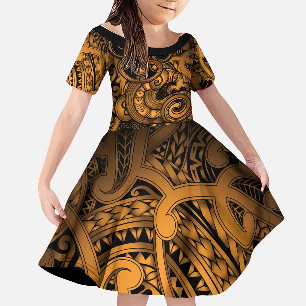 Aotearoa Maori Hei Tiki Family Matching Mermaid Dress and Hawaiian Shirt Koura Kowhaiwhai Puhoro Motif LT9 Daughter's Dress Gold - Polynesian Pride
