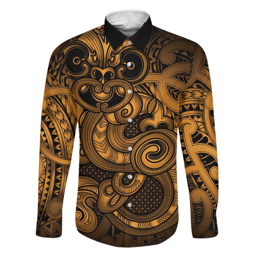 Aotearoa Maori Hei Tiki Family Matching Mermaid Dress and Hawaiian Shirt Koura Kowhaiwhai Puhoro Motif LT9 Dad's Shirt - Long Sleeve Gold - Polynesian Pride