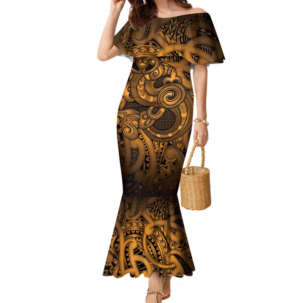 Aotearoa Maori Hei Tiki Family Matching Mermaid Dress and Hawaiian Shirt Koura Kowhaiwhai Puhoro Motif LT9 Mom's Dress Gold - Polynesian Pride