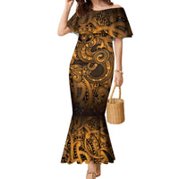 Aotearoa Maori Hei Tiki Family Matching Mermaid Dress and Hawaiian Shirt Koura Kowhaiwhai Puhoro Motif LT9 Mom's Dress Gold - Polynesian Pride