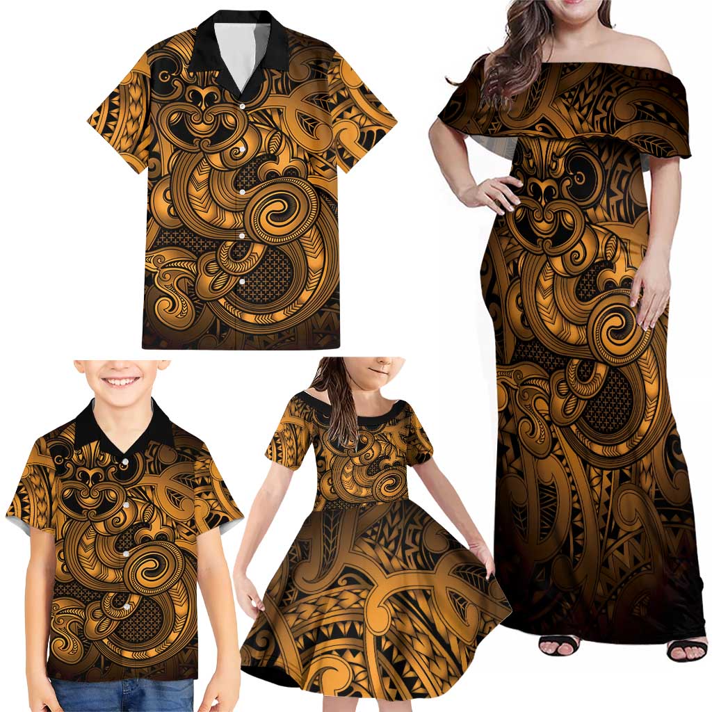 Aotearoa Maori Hei Tiki Family Matching Off Shoulder Maxi Dress and Hawaiian Shirt Koura Kowhaiwhai Puhoro Motif
