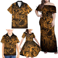 Aotearoa Maori Hei Tiki Family Matching Off Shoulder Maxi Dress and Hawaiian Shirt Koura Kowhaiwhai Puhoro Motif
