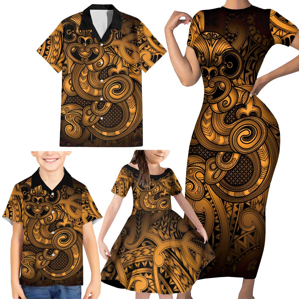 Aotearoa Maori Hei Tiki Family Matching Short Sleeve Bodycon Dress and Hawaiian Shirt Koura Kowhaiwhai Puhoro Motif