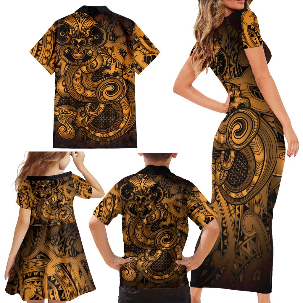 Aotearoa Maori Hei Tiki Family Matching Short Sleeve Bodycon Dress and Hawaiian Shirt Koura Kowhaiwhai Puhoro Motif