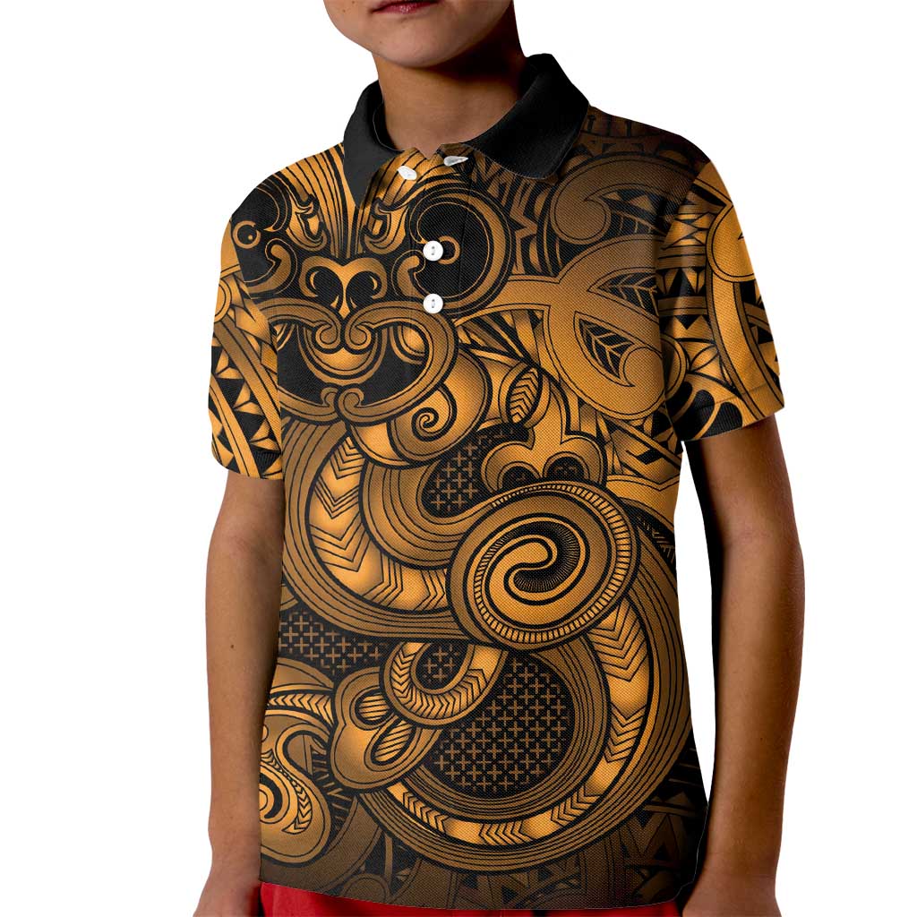 Aotearoa Maori Hei Tiki Kid Polo Shirt Koura Kowhaiwhai Puhoro Motif LT9 Kid Gold - Polynesian Pride