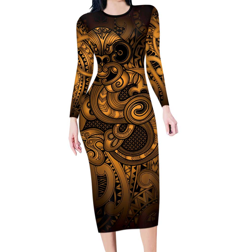 Aotearoa Maori Hei Tiki Long Sleeve Bodycon Dress Koura Kowhaiwhai Puhoro Motif