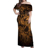Aotearoa Maori Hei Tiki Off Shoulder Maxi Dress Koura Kowhaiwhai Puhoro Motif LT9 Women Gold - Polynesian Pride