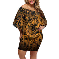 Aotearoa Maori Hei Tiki Off Shoulder Short Dress Koura Kowhaiwhai Puhoro Motif LT9 Women Gold - Polynesian Pride