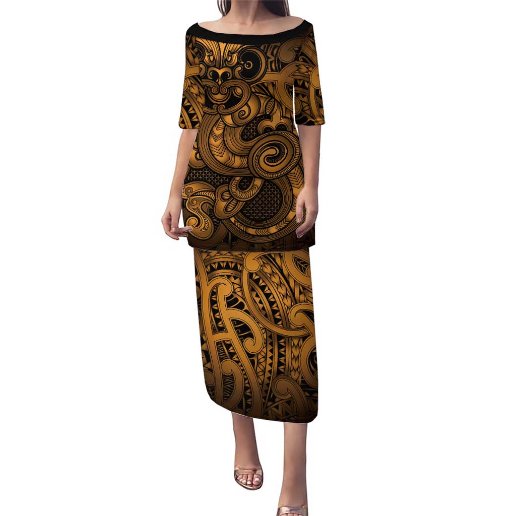Aotearoa Maori Hei Tiki Puletasi Koura Kowhaiwhai Puhoro Motif LT9 Long Dress Gold - Polynesian Pride